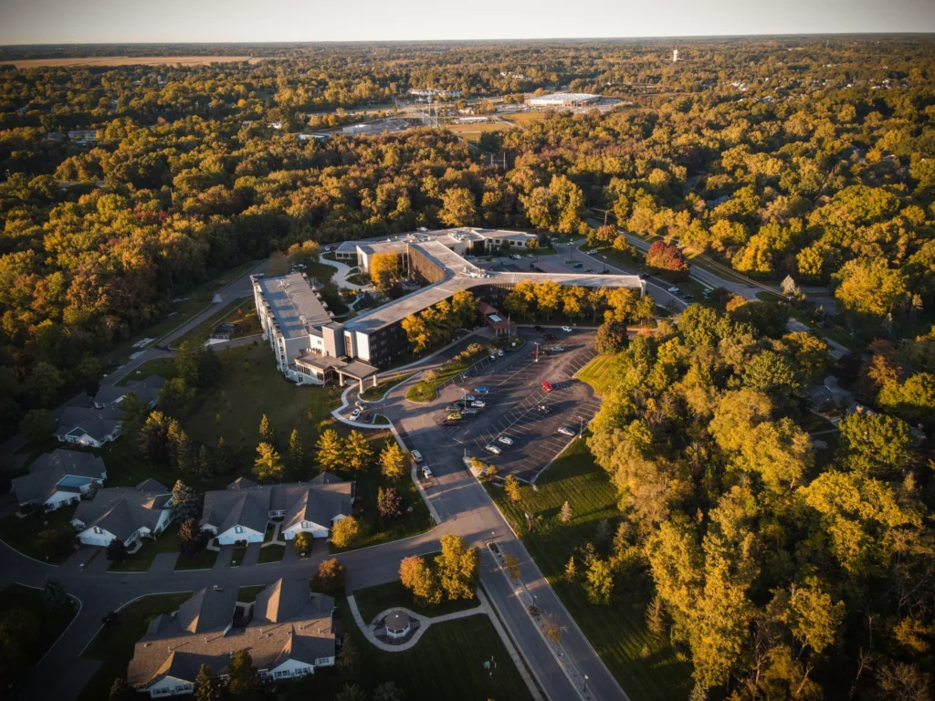An aerial view of Burcham Hills, an assisted living community in East Lansing, Michigan.